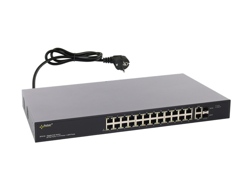 SFG124 24portový switch – 24x PoE 1Gbps + 2x uplink RJ45 1Gbps + 2x uplink SFP…