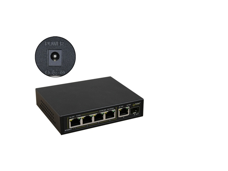 SFG64F1WP 6 portový switch – 4x PoE 30W 1Gbps + 1x uplink RJ-45 1Gbps + 1x uplink…