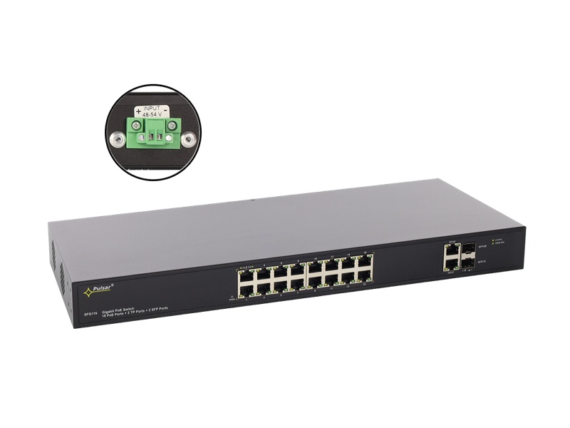 SFG116WP 16 portový switch – 16x PoE 30W 1Gbps + 2x uplink RJ-45 1Gbps + 2x uplink…