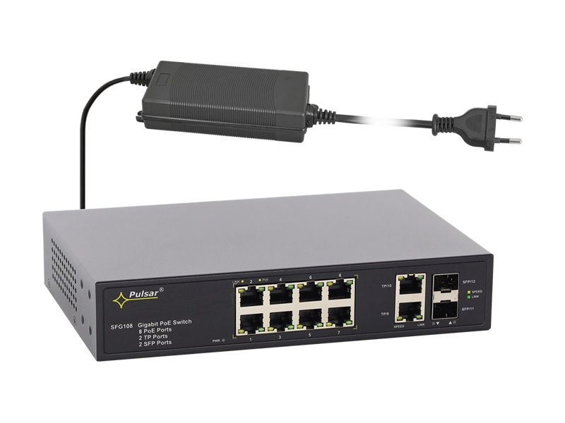 SFG108-90W 12portový switch – 8x PoE 1Gbps + 2x uplink RJ45 1Gbps + 2x uplink SFP…