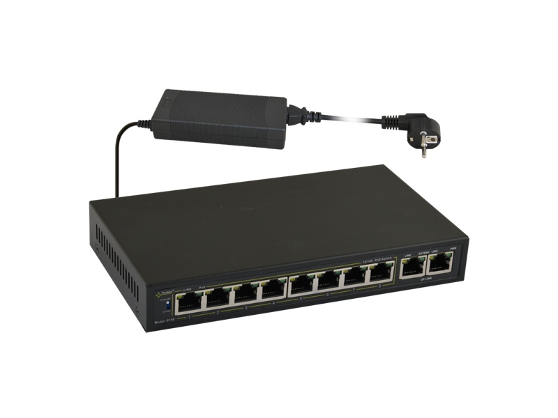 S108 10portový switch – 8x PoE 10/100Mbps + 2x uplink RJ45 10/100Mbps, PoE…