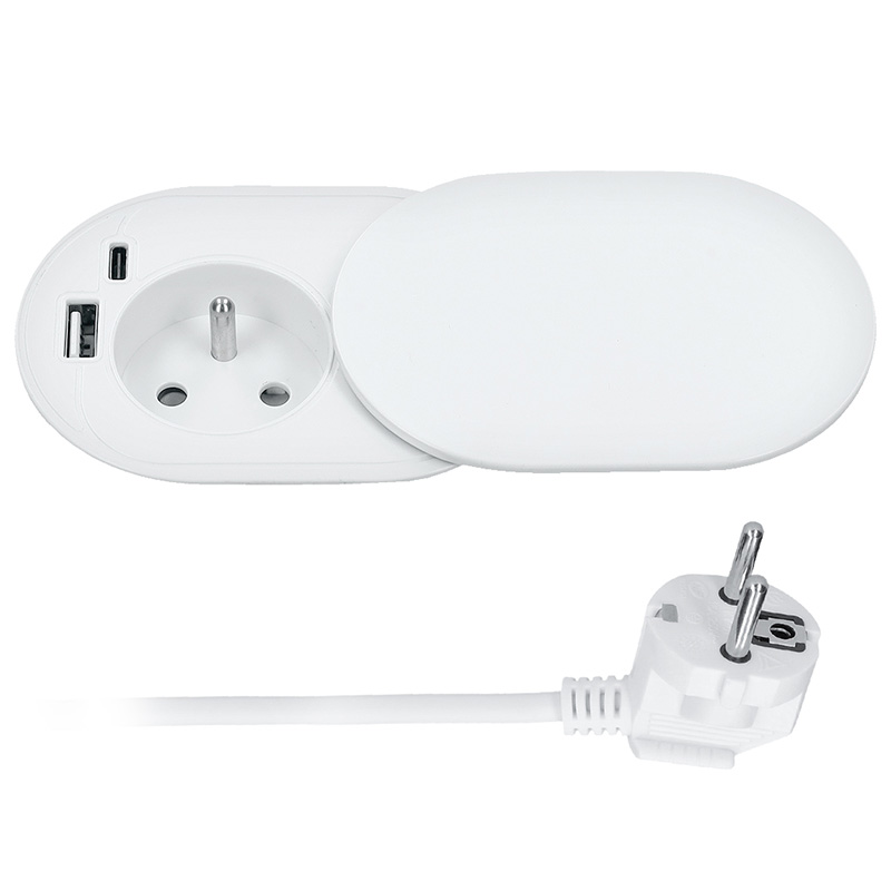 Solight 1z + USB A+C 20W PD vestavná zásuvka s posuvným víčkem, 2m, matná bílá