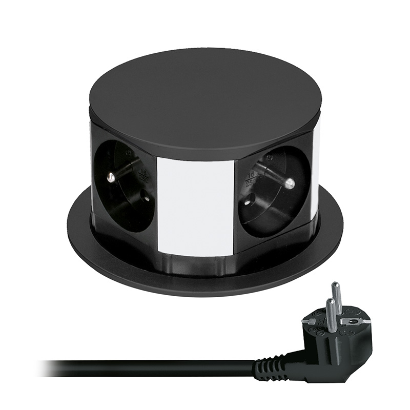 Solight prodlužovací přívod, 4 zásuvky, černý, 2m, výsuvný blok zásuvek, kruhový tvar