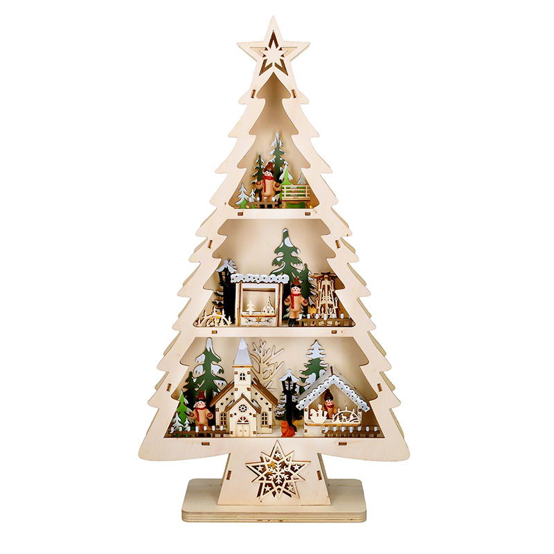 Solight LED dřevěný vánoční stromek s dekoracemi, 13x LED, přírodní dřevo, 53cm, 2x AA