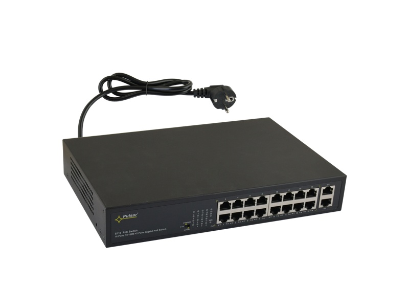 S116 16 portový switch – 16x PoE 30W 100Mbps + 2x uplink 1Gbps, PoE celkem max.…