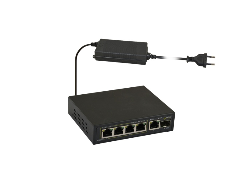 SFG64F1 6portový switch – 4x PoE 1Gbps + 1x uplink RJ45 1Gbps + 1x uplink SFP…