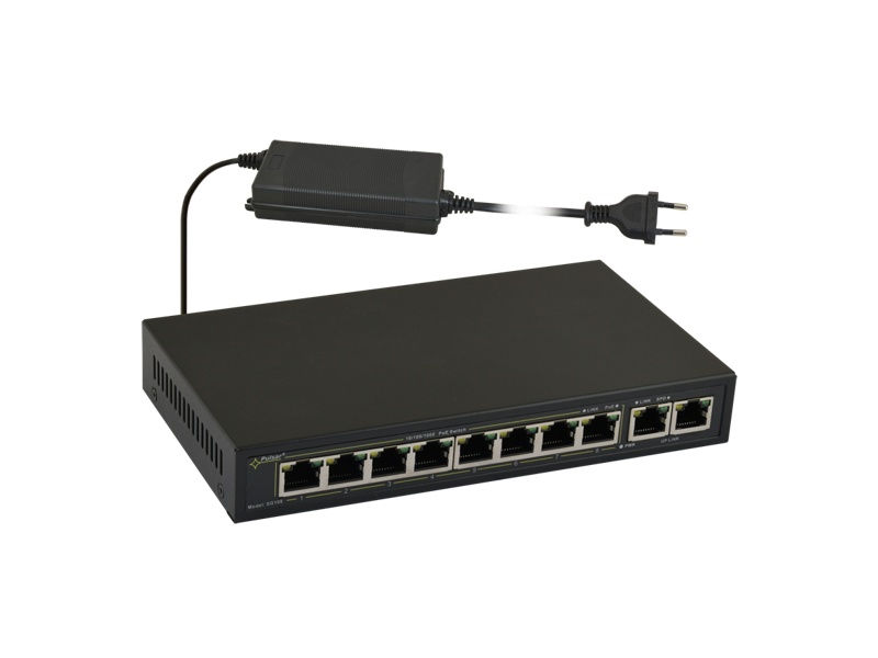 SG108-90W 10portový switch – 8x PoE 1Gbps + 2x uplink RJ45 1Gbps, PoE výstup 52V DC,…