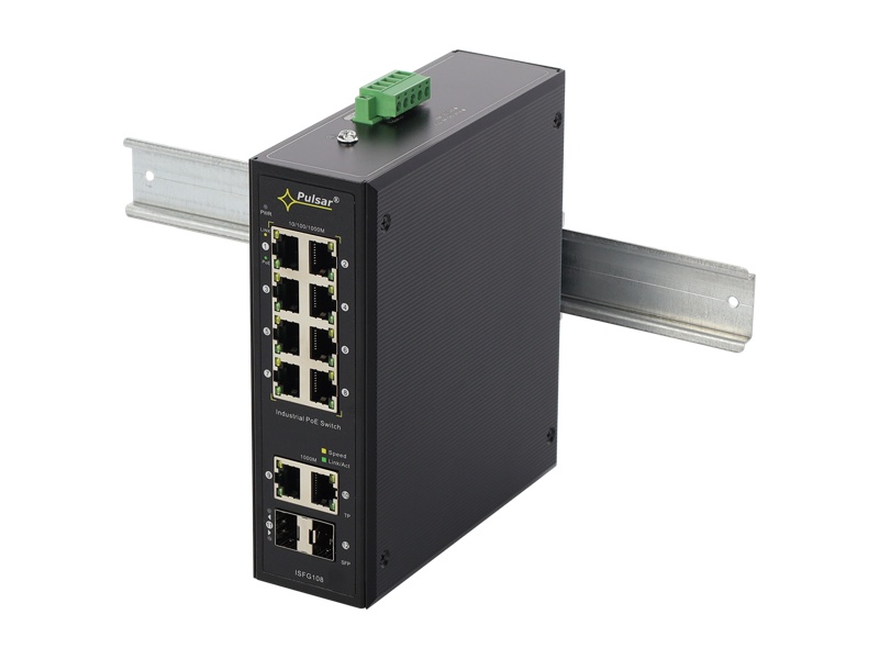 ISFG108 12 portový switch – 8x RJ-45 1000Mbps PoE+ IEEE 802.3af/at, 2x RJ-45…
