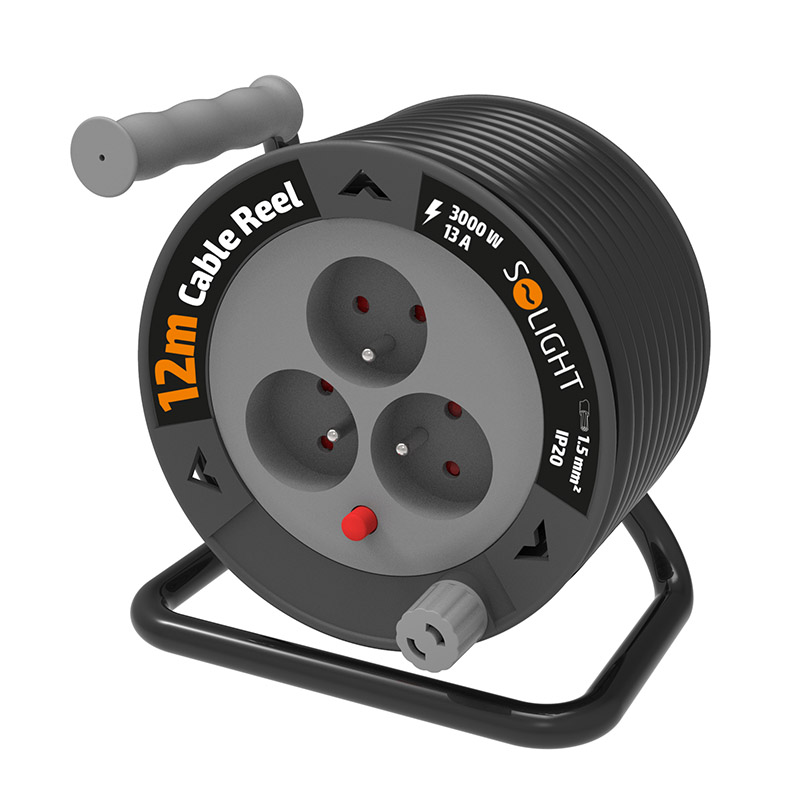 Solight prodlužovací přívod na bubnu 12m, 3 zásuvky, černý kabel, 3x 1,5mm2