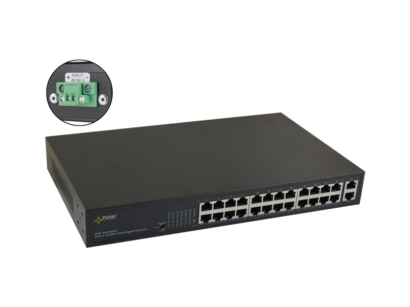 S124WP 24 portový switch – 24x PoE 30W 100Mbps + 2x uplink 1Gbps, PoE celkem max.…