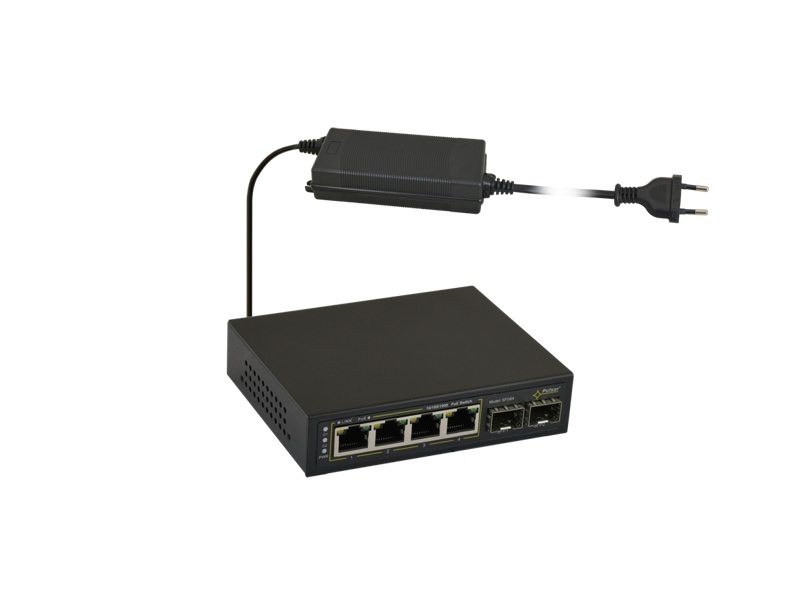 SFG64 6portový switch – 4x PoE 1Gbps + 2x uplink SFP 1Gbps, PoE výstup 52V DC,…