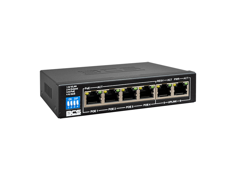 BCS-B-SP0402 Switch - 6 portový switch, 10/100 Mb/s, 4x POE, max. výkon 60 W, přenos až…