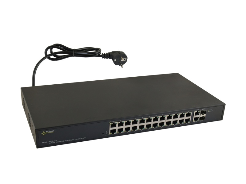 SF124 24 portový switch – 24x PoE 30W 100Mbps + 2x uplink RJ-45 1Gbps + 2x…