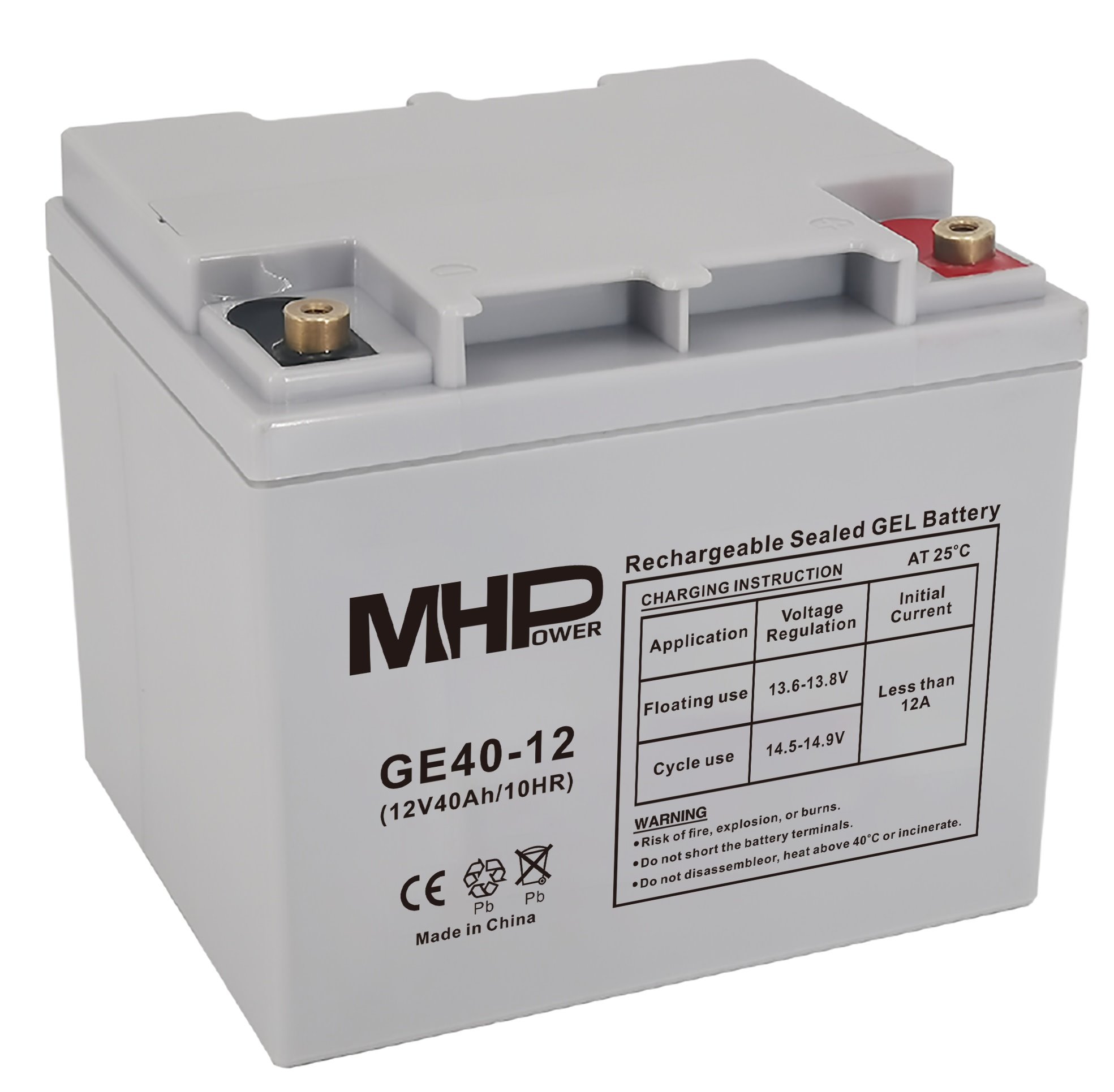 MHPower GE40-12 Gelový akumulátor 12V/40Ah, Terminál T1 - M6, Deep Cycle