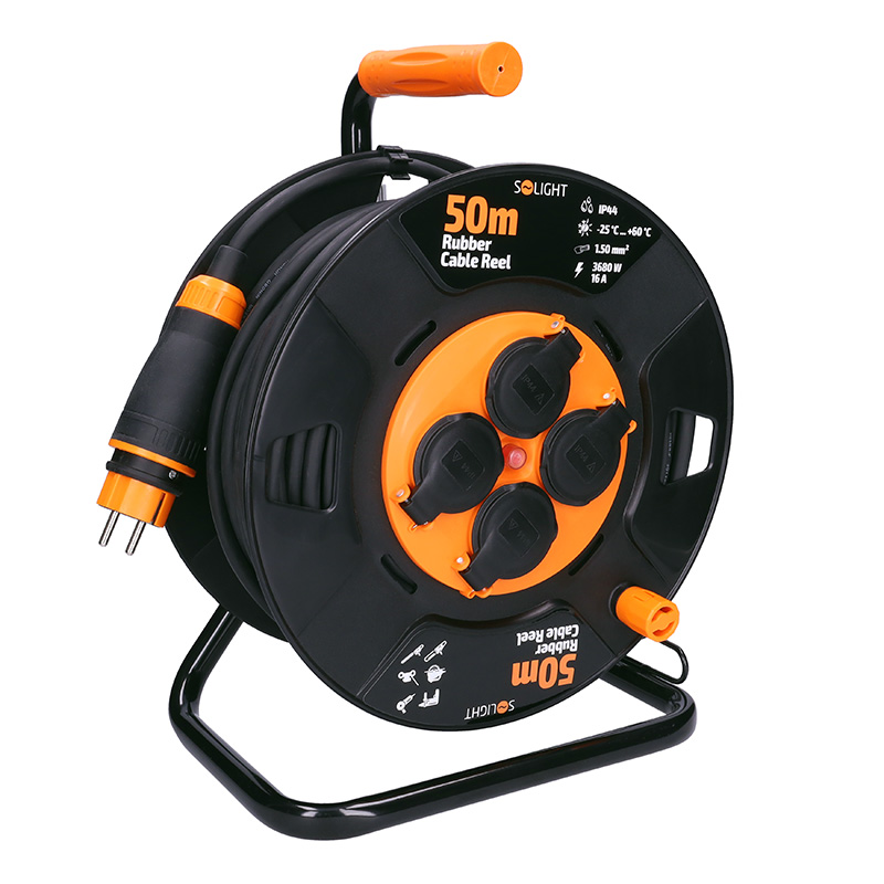 Solight prodlužovací přívod na bubnu, 4 zásuvky, venkovní, 50m gumový kabel, 3x 1,5mm2, IP44